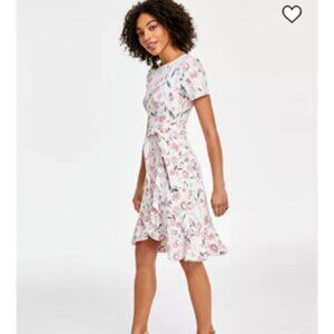 Calvin Klein Floral Print Short-Sleeve Ruffle-Hem Dress